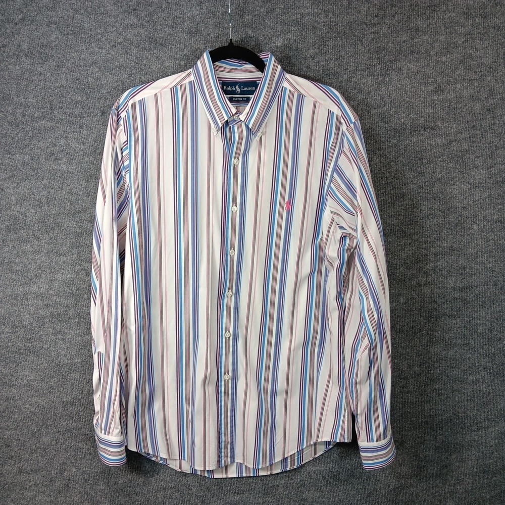 Ralph Lauren Custom Fit Button Down Shirt Stripes Embroidery Men's Size 16 L